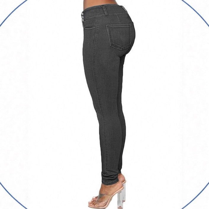 Ladies' Waist-Accentuated High-Waist Sculpting Skinny Jeans with Double Button Waist Fashion Glam