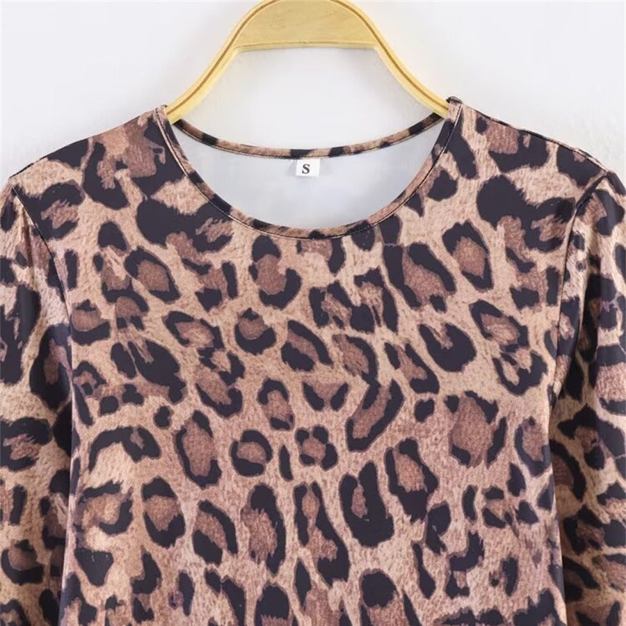 Women’s leopard print mini dress with round neckline, long sleeves, and A-line silhouette Fashion Glam