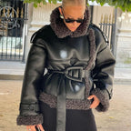Women Short Sheepskin Imitation Flight Jacket with Waist Belt and Teddy Lining Fashion Glam
