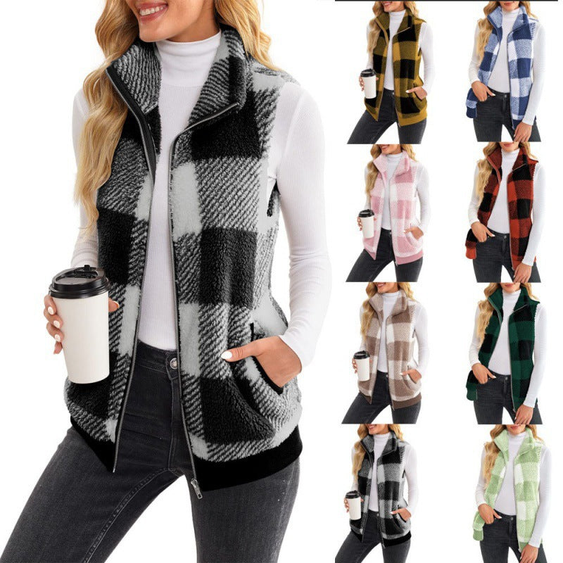 Ladies Checked Teddy Vest with Stand-Up Collar, Zipper and Side Pockets Fashion Glam