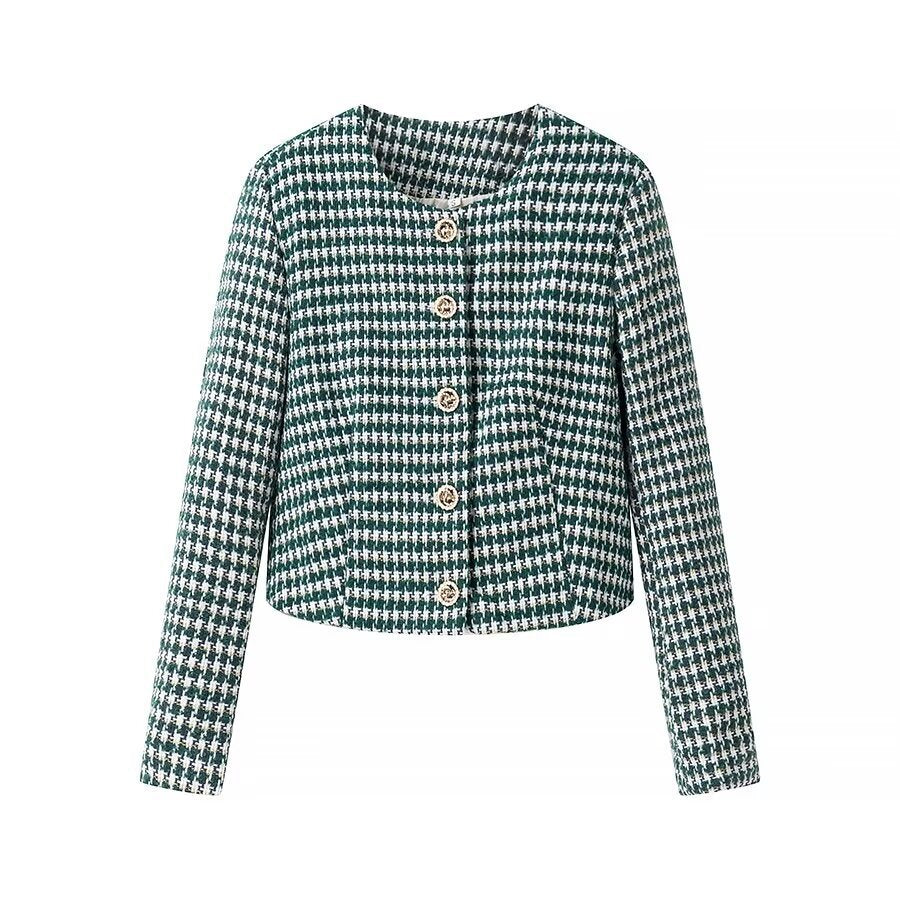 Women Short-Cut Boucle Tweed Blazer with Houndstooth Pattern and Decorative Buttons Fashion Glam