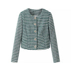 Women Short-Cut Boucle Tweed Blazer with Houndstooth Pattern and Decorative Buttons Fashion Glam