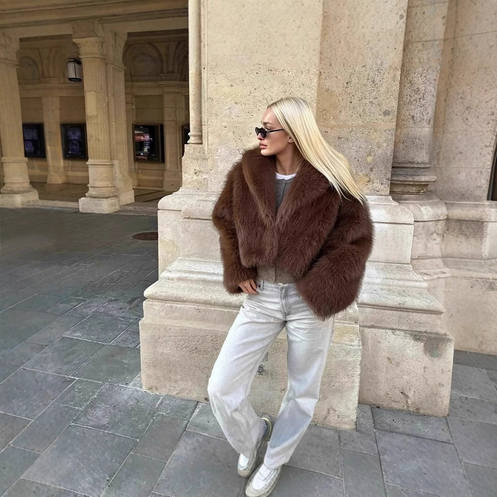 Women Short Boxy Faux Fur Blouson with Voluminous Shawl Collar Fashion Glam
