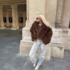 Women Short Boxy Faux Fur Blouson with Voluminous Shawl Collar Fashion Glam
