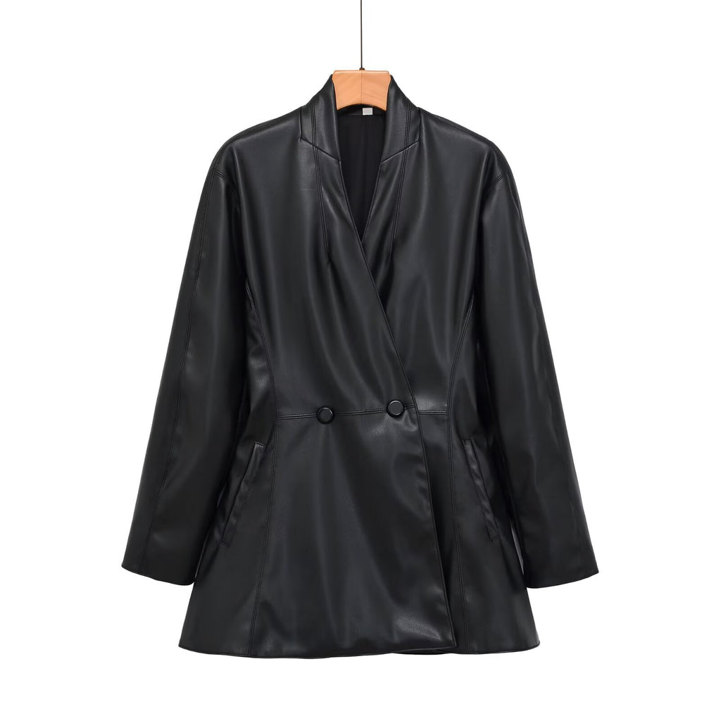 Women's tailored double-breasted faux leather midi coat with shawl collar and patch pockets Fashion Glam