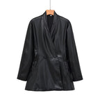Women's tailored double-breasted faux leather midi coat with shawl collar and patch pockets Fashion Glam