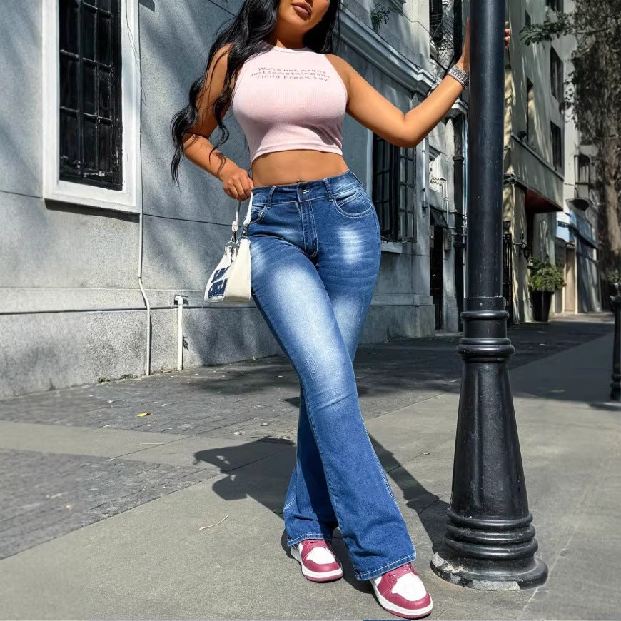Women's high-waisted flared jeans in retro cut with elastic waistband panel and sculpting fit Fashion Glam