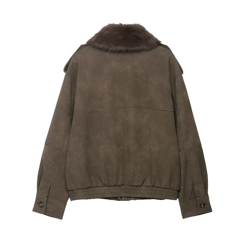 Women's short jacket in pilot bomber style with faux fur shawl collar Fashion Glam
