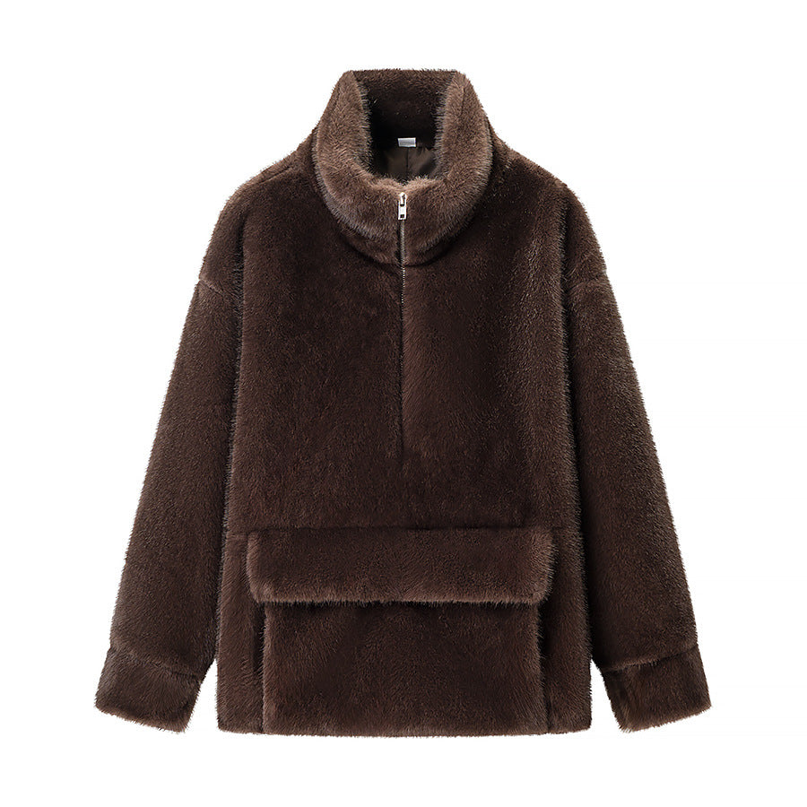 Ladies Oversize Faux Fur Pullover Jacket with Half Zipper and Kangaroo Pocket Fashion Glam