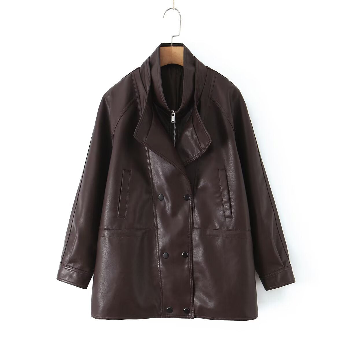 Women's Oversized Faux Leather Jacket with High Standing Collar and Double-Breasted Button Placket Fashion Glam