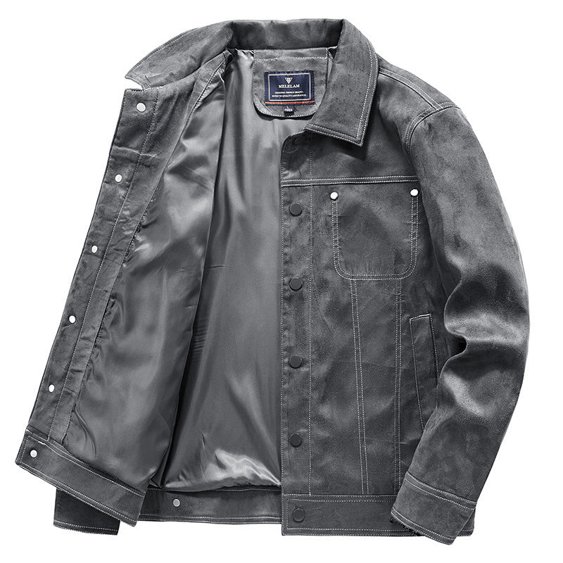 Men's suede trucker jacket with snap buttons and contrast stitching Fashion Glam