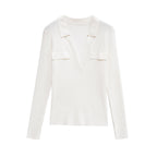 Women Ribbed Fine Knit Polo with Deep V-Neck and Chest Pockets Fashion Glam