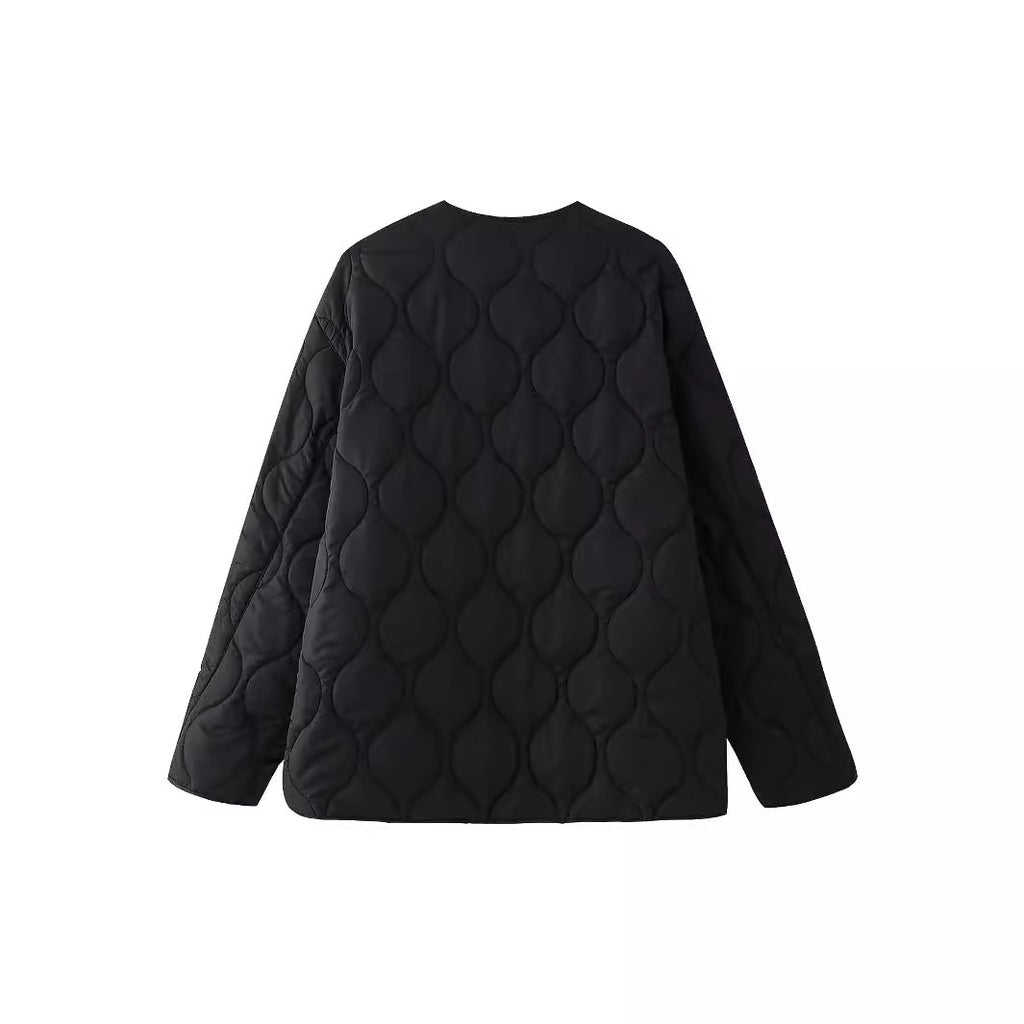 Women geometric quilted oversized liner jacket without collar Fashion Glam
