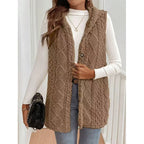 Women's Hooded Teddy Vest with Structured Cable Knit Pattern and Decorative Button Placket Fashion Glam