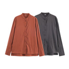 Women's Oversized Shirt Blouse with Mandarin Collar and Full Button Placket Fashion Glam
