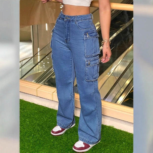 Women's Cargo Denim Pants with Wide Leg, High Waist & Multifunctional Flap Pockets Fashion Glam