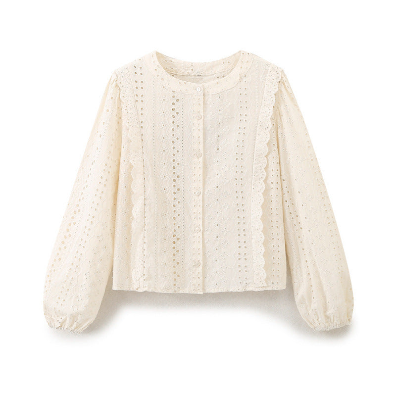 Ladies Broderie Anglaise Cotton Blouse with Ruffle Trim and Balloon Sleeves Fashion Glam