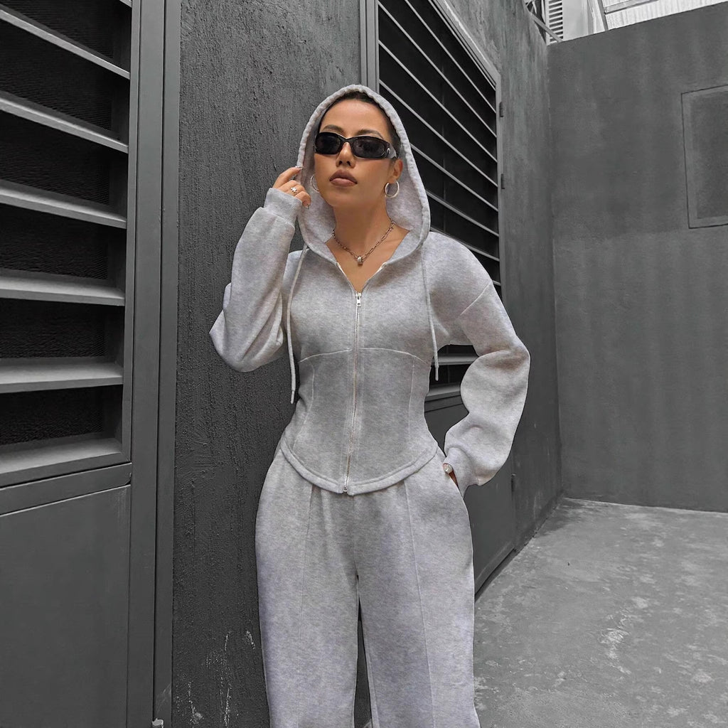 Women’s loungewear set with fitted hooded jacket and loose fleece jogging pants Fashion Glam