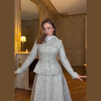Women's two-piece wool blend suit with fitted short blazer and A-line midi skirt Fashion Glam
