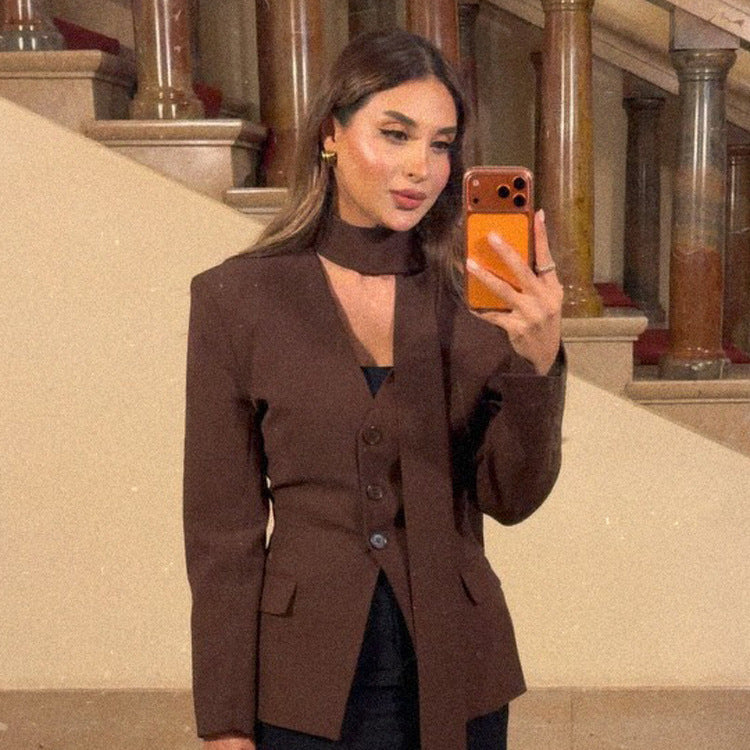 Women's Tailored V-Neck Blazer with Integrated Bow and Flap Pockets Fashion Glam