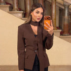 Women's Tailored V-Neck Blazer with Integrated Bow and Flap Pockets Fashion Glam