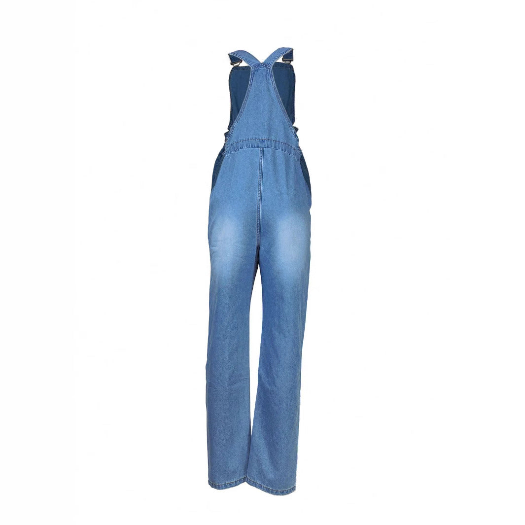 Women's overall jumpsuit made of lightweight denim with a drawstring waistband, patch pockets, and turned-up hem Fashion Glam