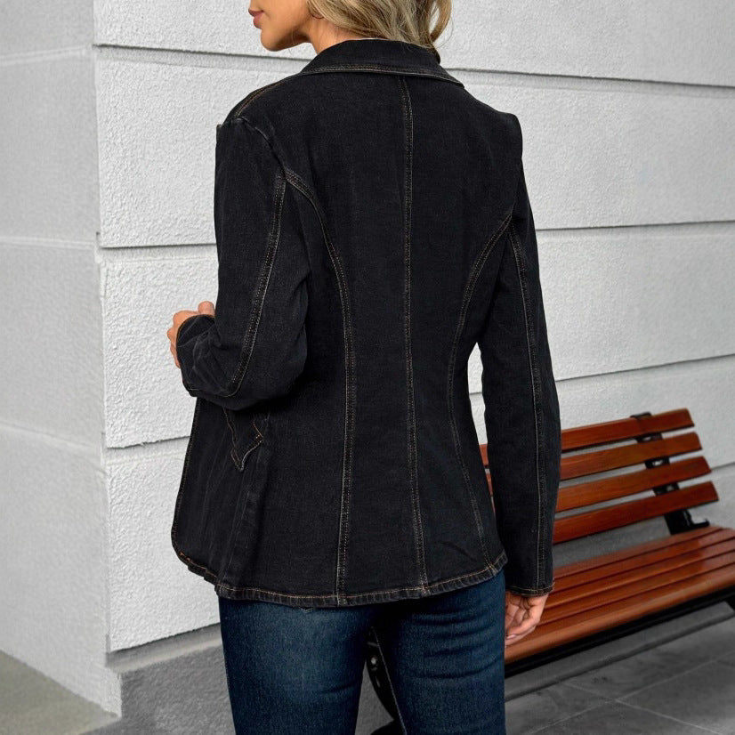 Women's tailored denim blazer jacket with lapel collar and contrasting stitching Fashion Glam