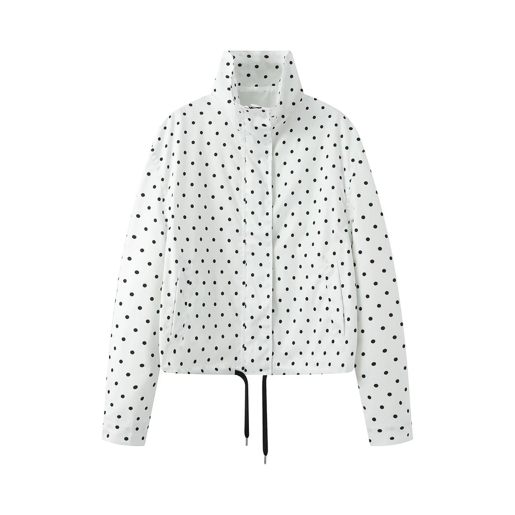 Women's Short Dotted Rain Jacket with Stand-Up Collar and Drawstring Fashion Glam