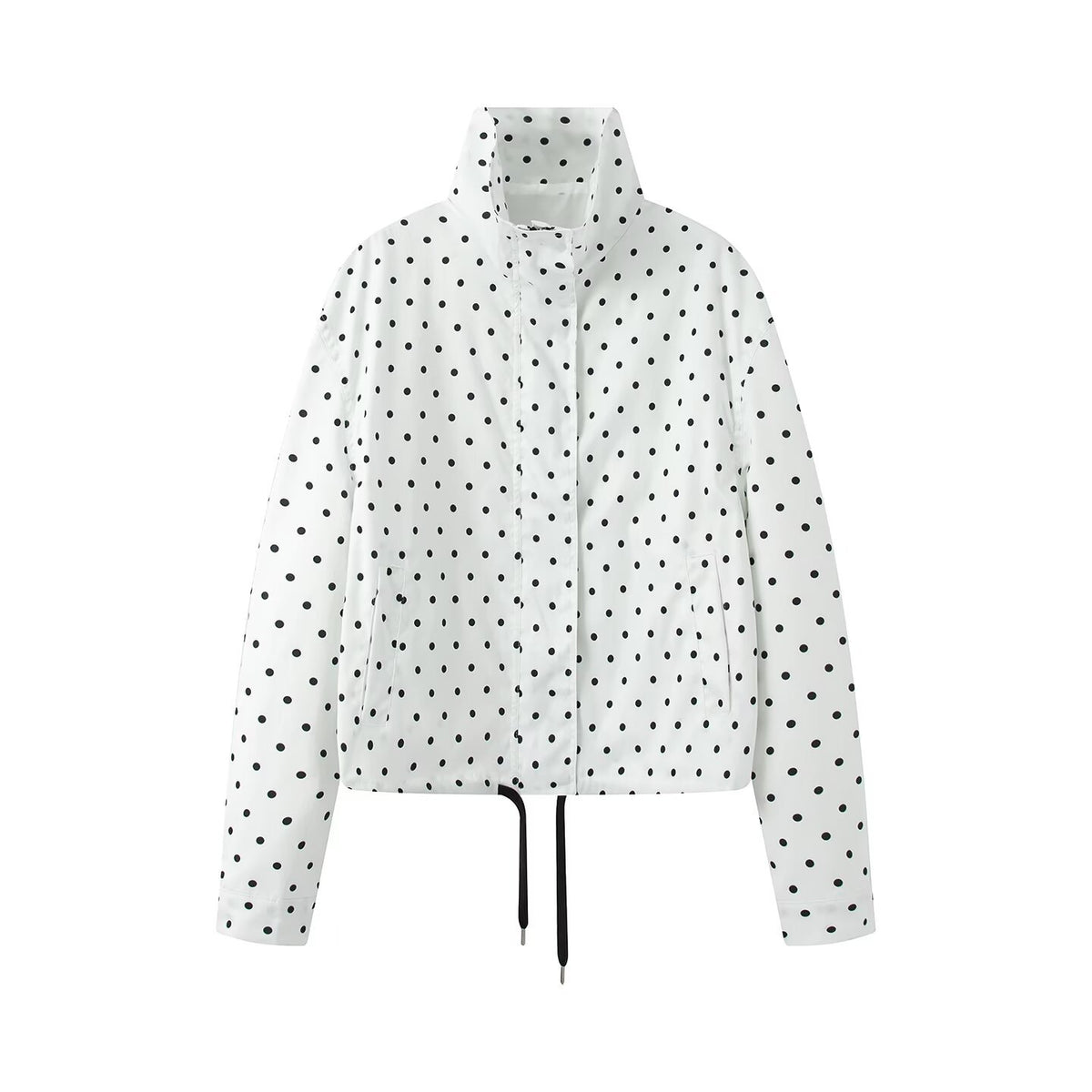Women's Short Dotted Rain Jacket with Stand-Up Collar and Drawstring Fashion Glam
