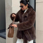 Women Boxy Short Coat made of extra fluffy high pile with wrap belt Fashion Glam