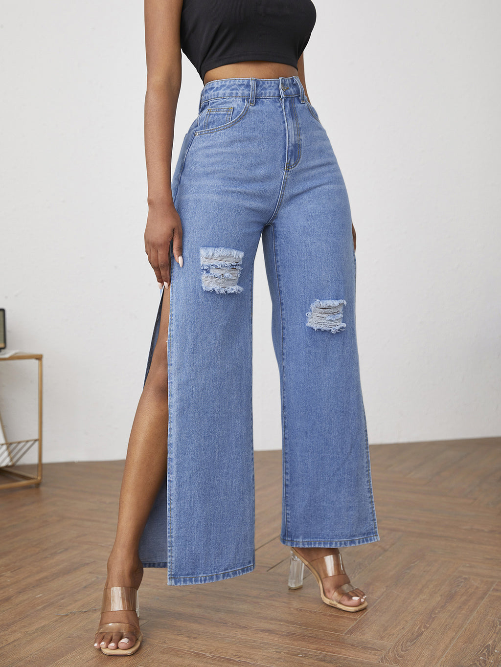 Ladies wide high-waist denim jeans with side leg slits and destroyed knee areas Fashion Glam