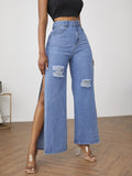 Ladies wide high-waist denim jeans with side leg slits and destroyed knee areas Fashion Glam