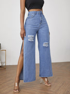 Ladies wide high-waist denim jeans with side leg slits and destroyed knee areas Fashion Glam