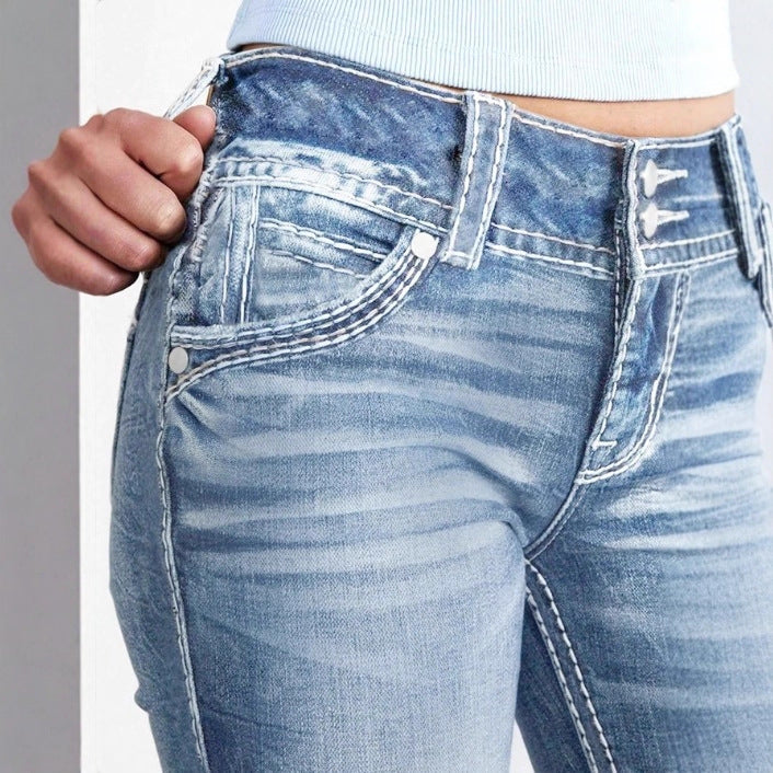 Women tight High-Waist Skinny Jeans with visible contrast stitching Fashion Glam