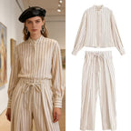 Women's High-waisted Wide Pleated Pants with Drawstring and Vertical Stripes Fashion Glam