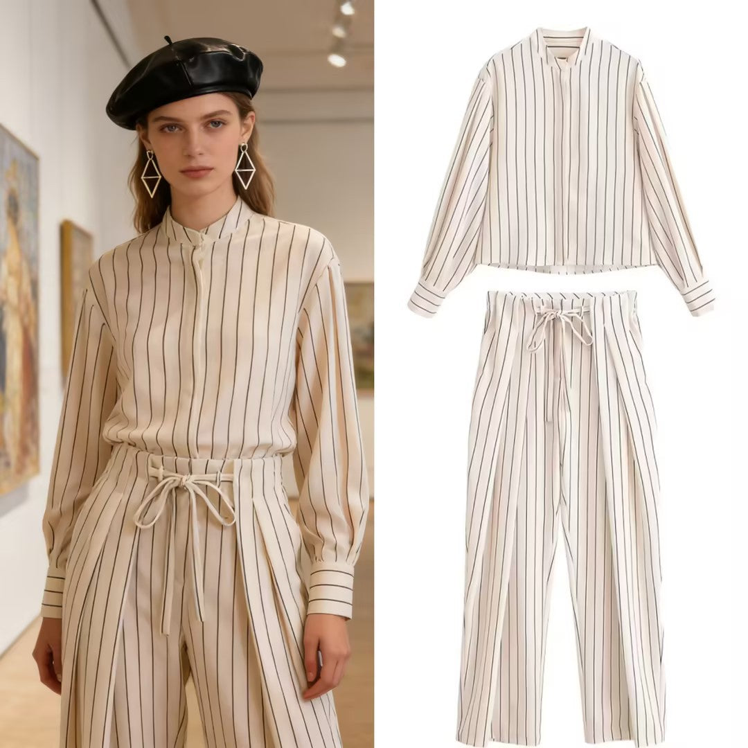 Women's High-waisted Wide Pleated Pants with Drawstring and Vertical Stripes Fashion Glam