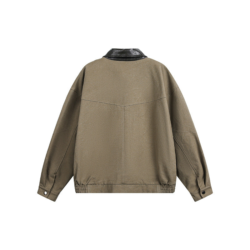 Men's Oversize Harrington Jacket with Faux Leather Collar, Flap Pockets, and Elastic Hem Fashion Glam
