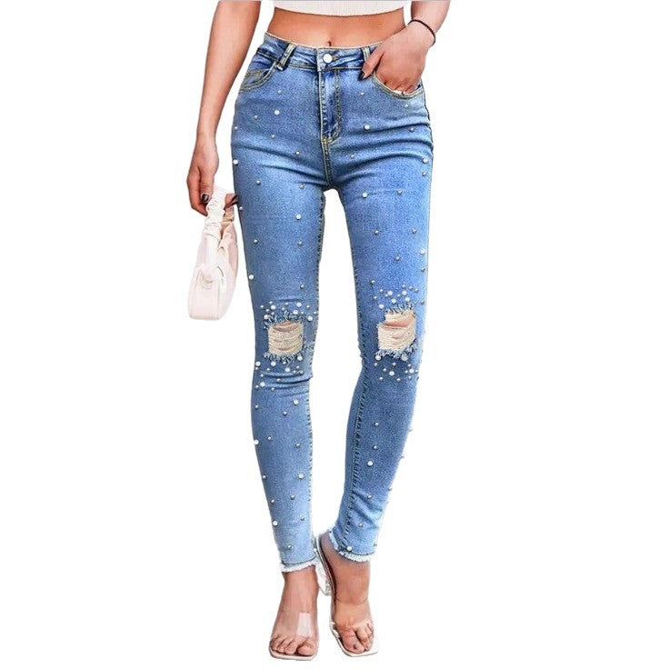 Women Pearl-Embellished High-Waist Skinny Jeans with Knee Rips and Raw Hem Fashion Glam