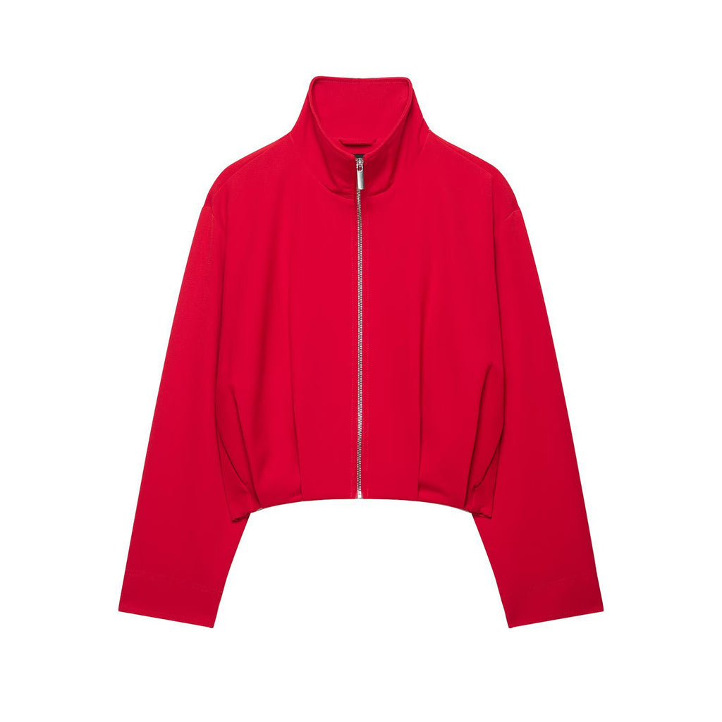 Women's Short Stand Collar Bomber Jacket with Zipper and Fitted Cuffs Fashion Glam
