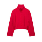 Women's Short Stand Collar Bomber Jacket with Zipper and Fitted Cuffs Fashion Glam