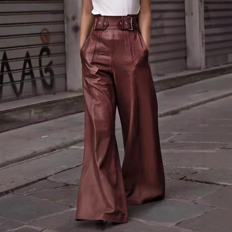 Ladies wide high-waist palazzo pants made of faux leather with wide waistband Fashion Glam