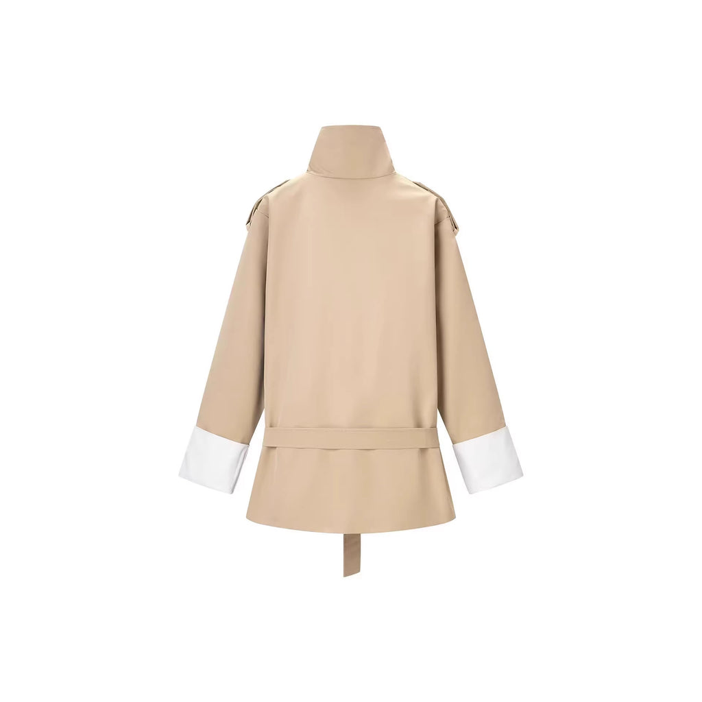 Ladies short trench coat in modern bonded look with high stand-up collar, shoulder tabs and contrast cuffs Fashion Glam