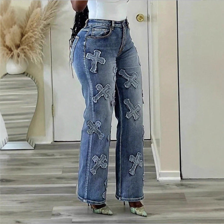 Women High-Waisted Straight-Leg Jeans with Fringed Cross Applications Fashion Glam