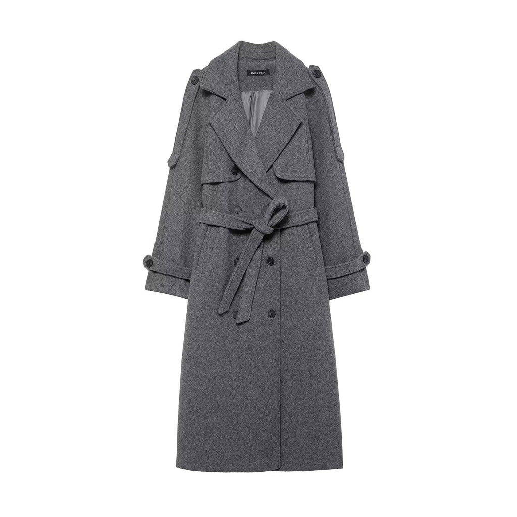 Women's long double-breasted wool coat with belted waist and shoulder flaps Fashion Glam