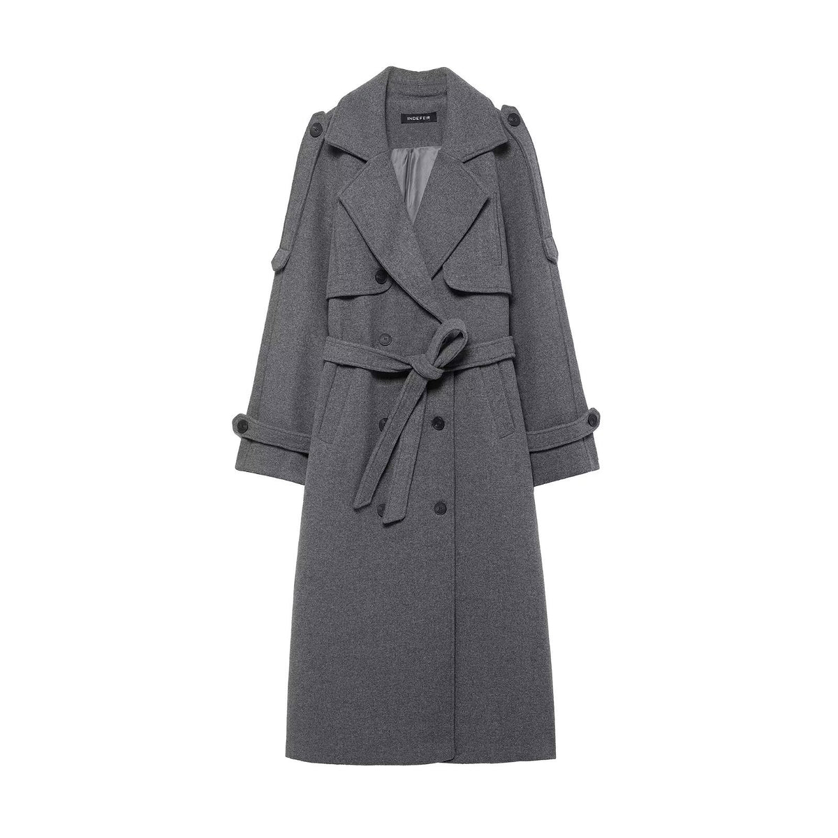 Women's long double-breasted wool coat with belted waist and shoulder flaps Fashion Glam