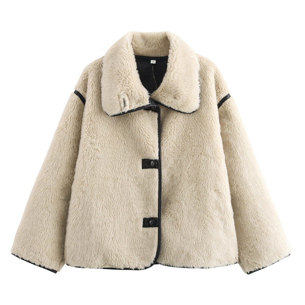 Women's short teddy coat with voluminous shawl collar and contrast piping Fashion Glam