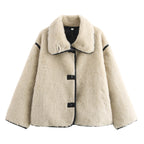 Women's short teddy coat with voluminous shawl collar and contrast piping Fashion Glam