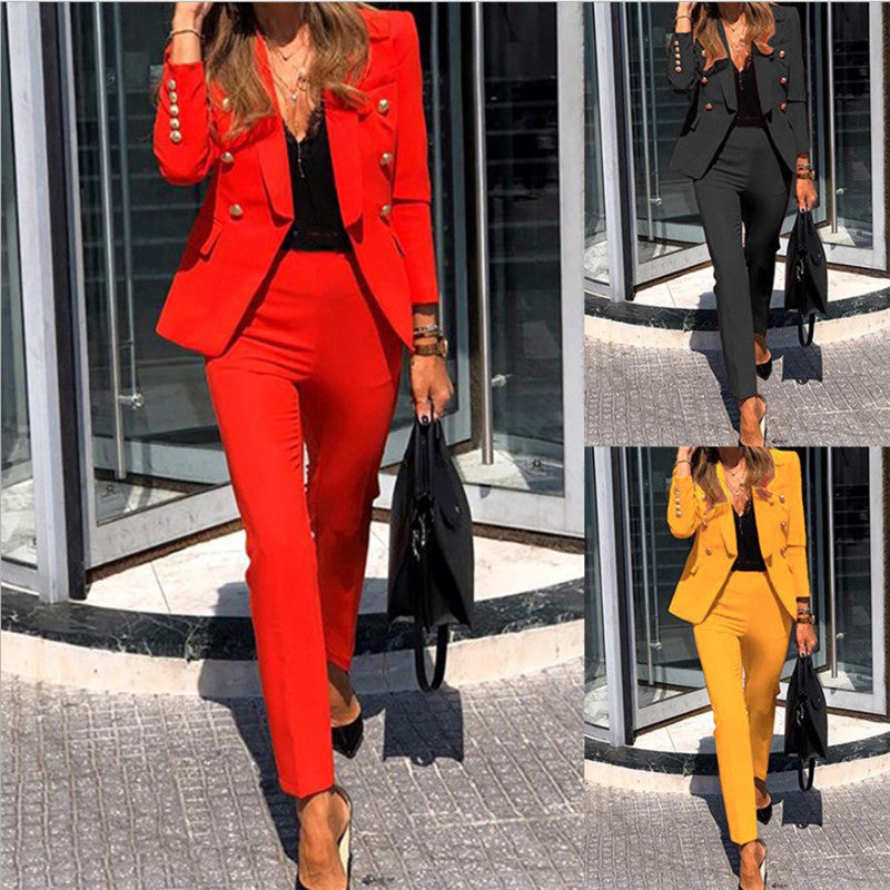 Women's tailored pantsuit with double-breasted button blazer and slim trousers Fashion Glam
