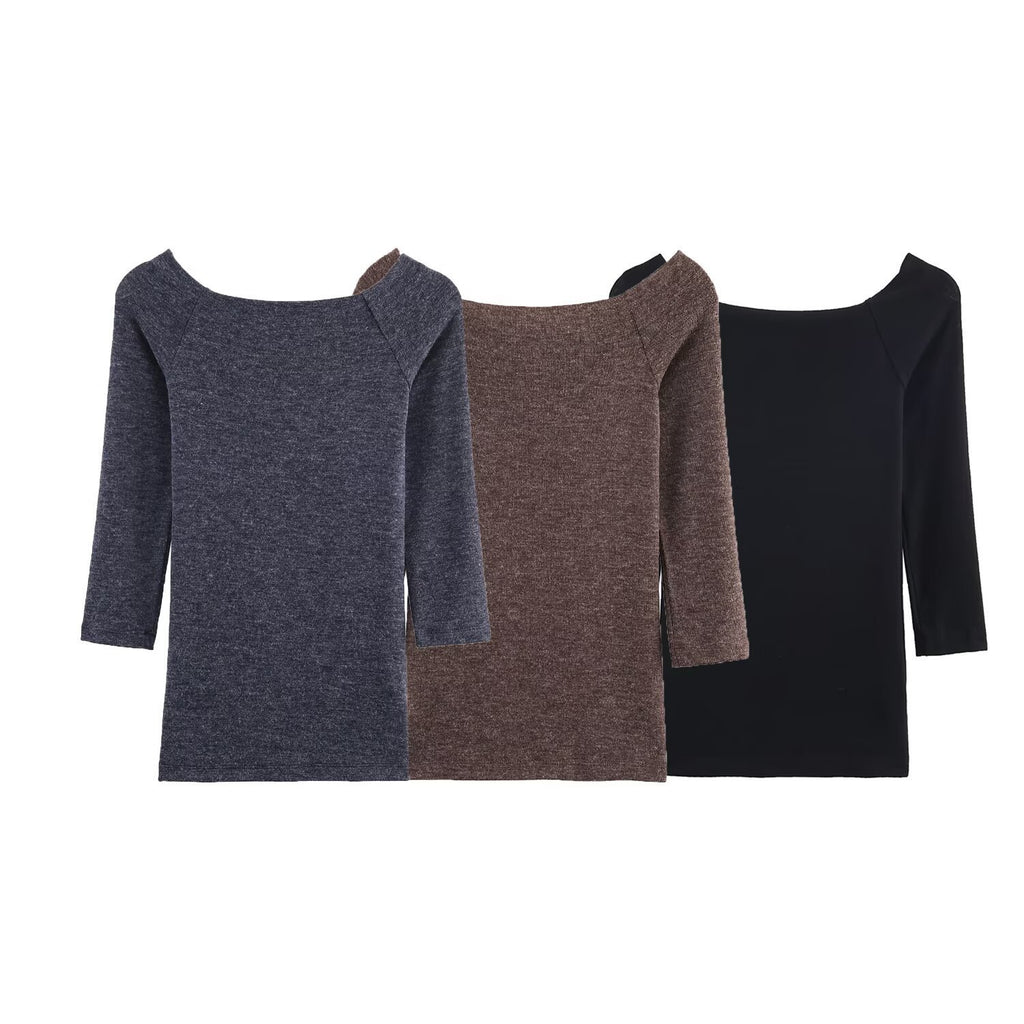 Women's Fitted Fine Knit Tunic with Wide Boat Neck and 3/4 Sleeves Fashion Glam