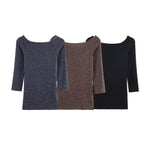 Women's Fitted Fine Knit Tunic with Wide Boat Neck and 3/4 Sleeves Fashion Glam
